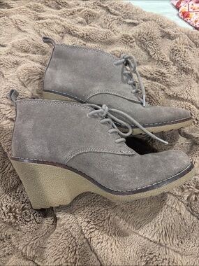White Mountain Gray Suede Lace-Up Wedge Booties